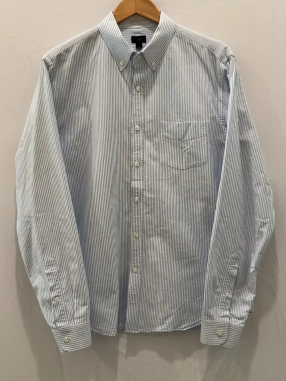 J Crew Oxford Shirt Mens Large Blue White Striped Long Sleeve Button Down Cotton